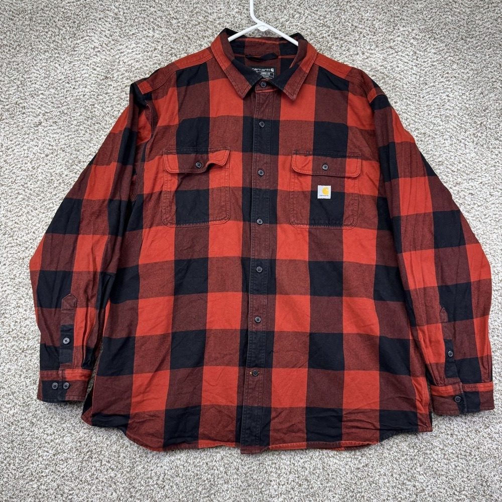 Carhartt Flannel Shirt Jacket Men's 2XL XXL Plaid Loose Fit Shacket Orange Black